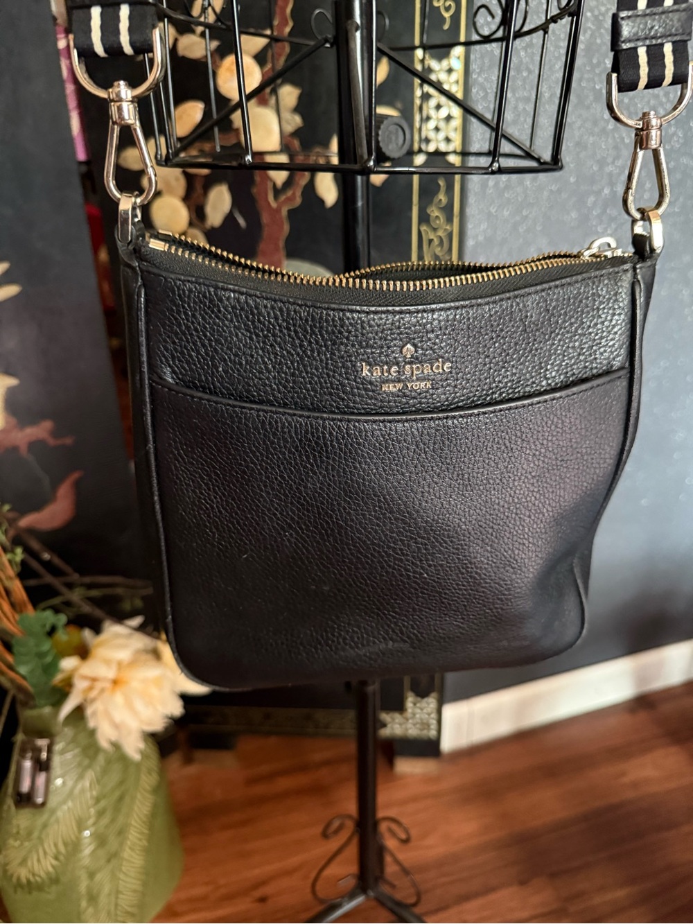 kate spade Black Pebbled Leather Crossbody with Striped Strap